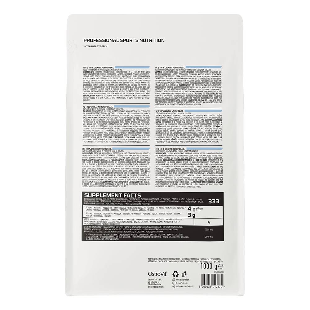 Creatine Monohydrate – 1000 g (naturel), 333 doseringen | OstroVit