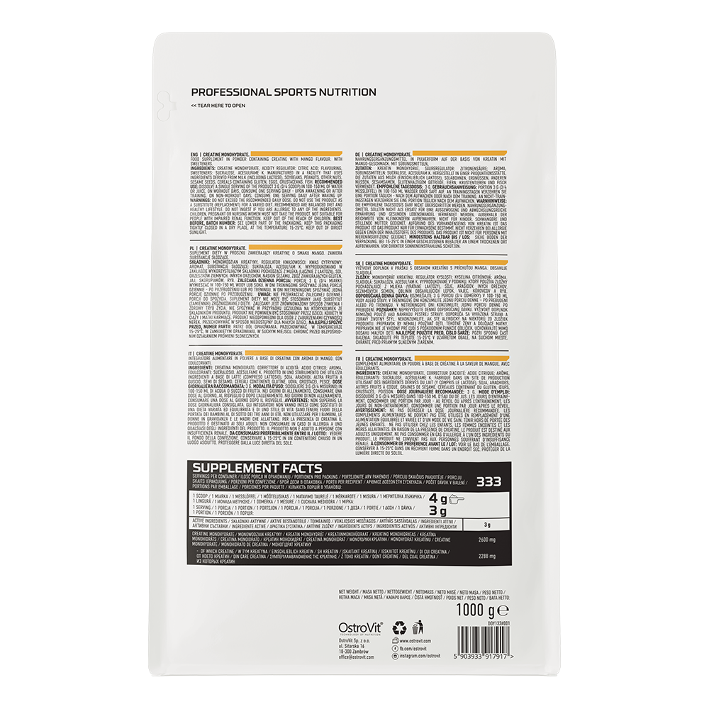 Creatine Monohydrate – Mango, 1000 g (333 porties) | OstroVit