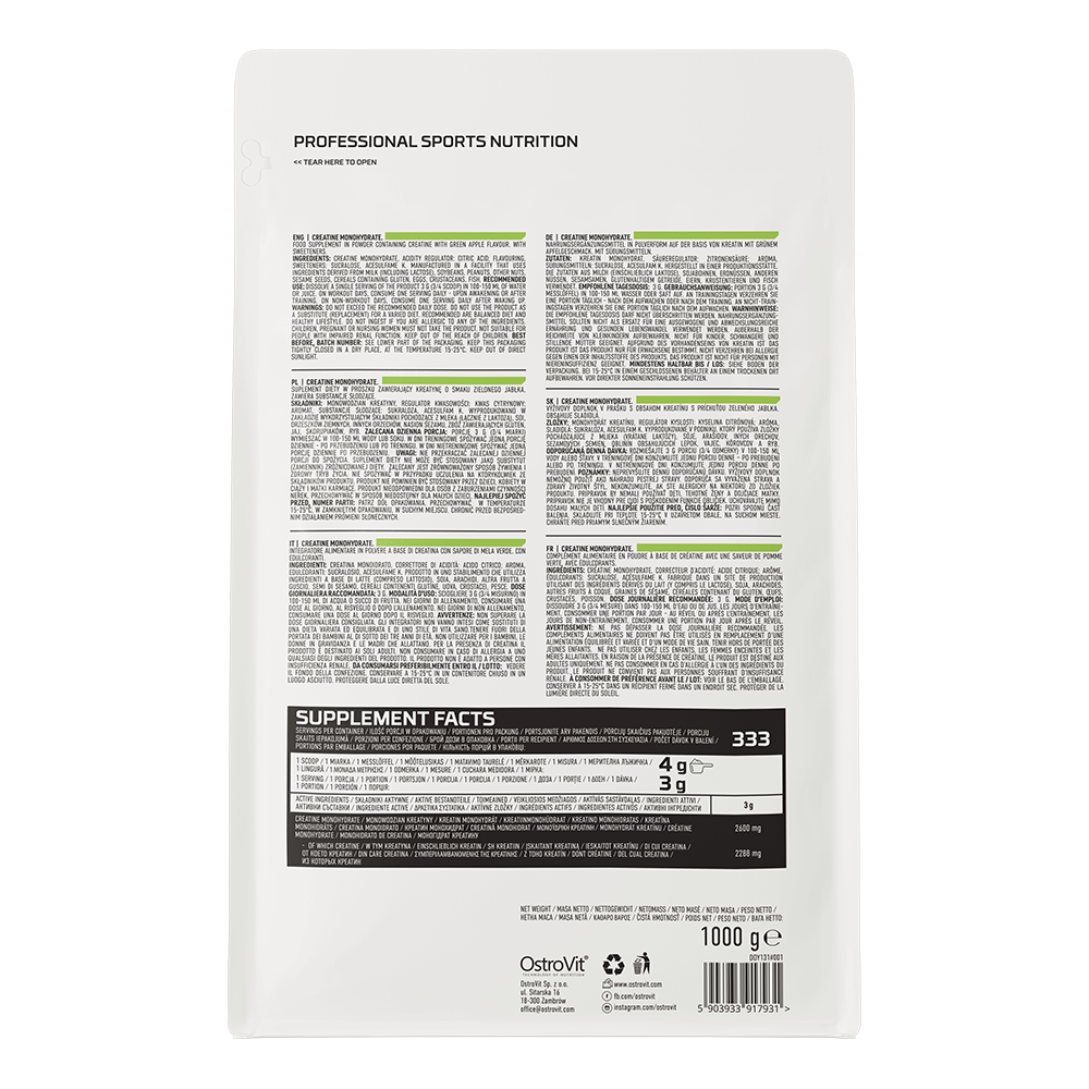 Creatine Monohydrate 1000 g – Groene Appel, 333 porties | OstroVit