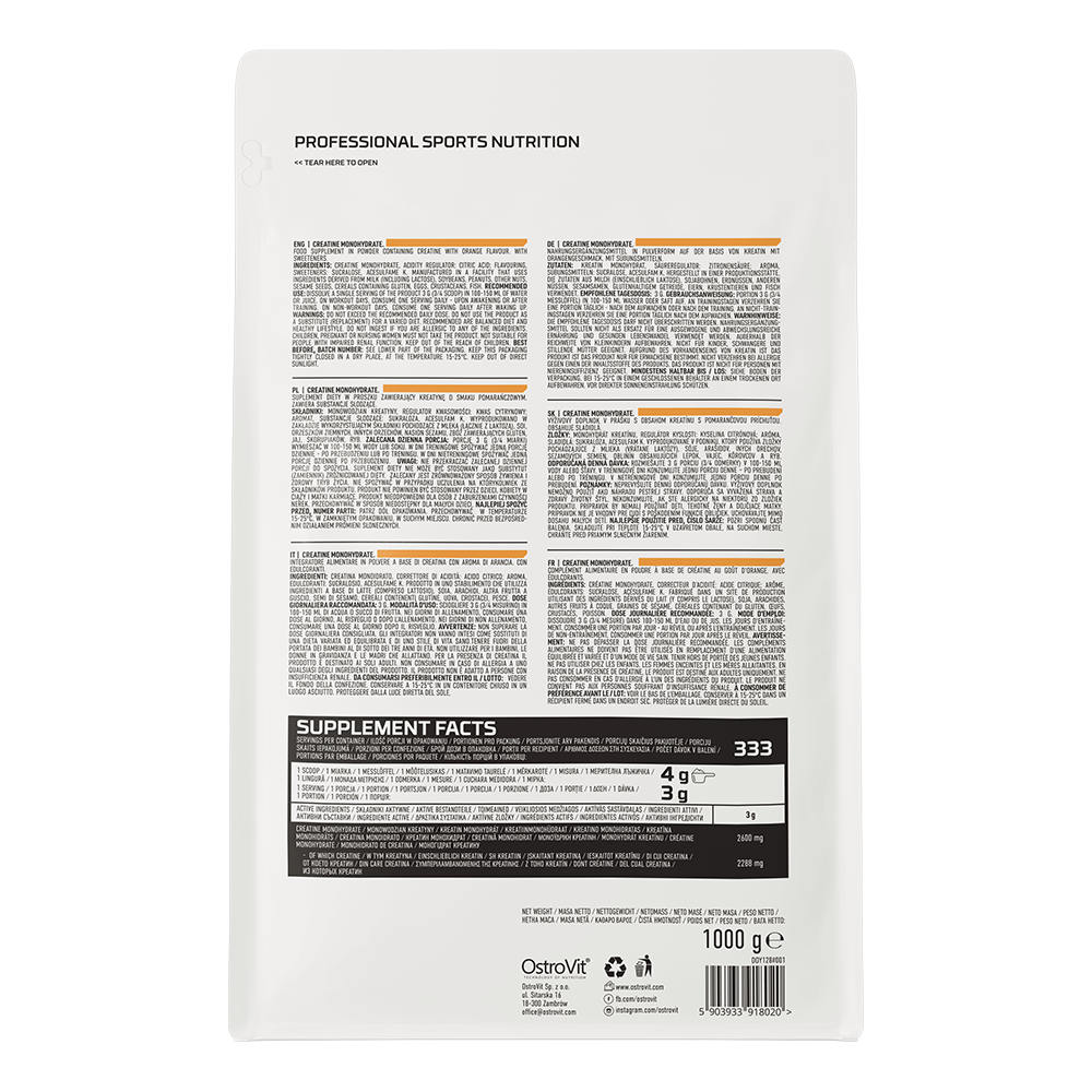 Creatine Monohydrate 1000 g – Sinaasappel, 333 porties | OstroVit