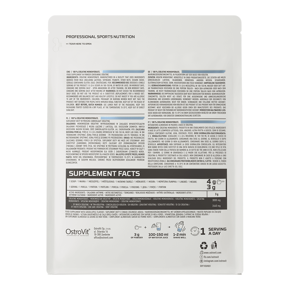 Creatine Monohydrate 500 g – 166 porties, 100% creatinemonohydraat | OstroVit