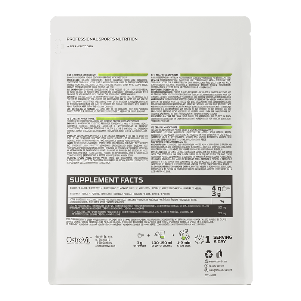 Creatine Monohydraat | Poeder | 500 g | Groene Appel 🍏 | OstroVit
