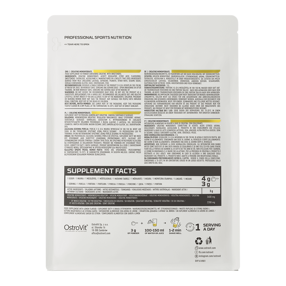 Creatine Monohydraat | Poeder | 500 g | Citroen 🍋 | OstroVit