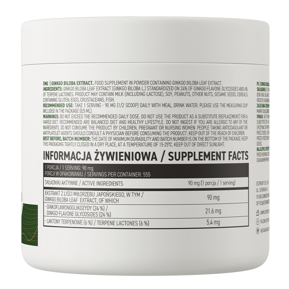 Ginkgo Biloba | Extract | 50 g | 555 Porties | Poeder | Natural | OstroVit