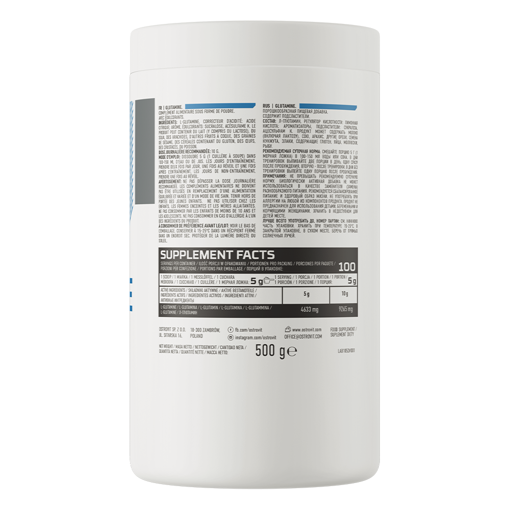 Glutamine – 500 g, Citroen, 4,63 g per portie | OstroVit