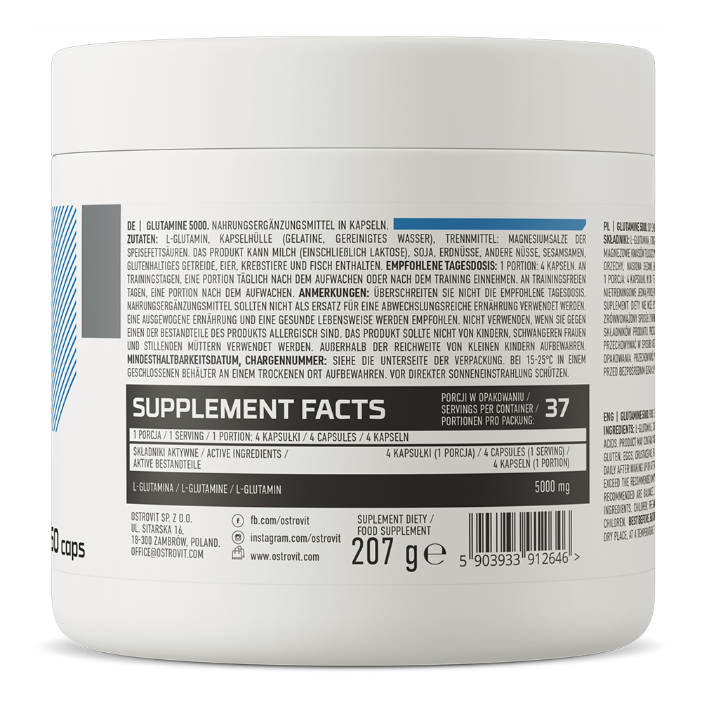 Glutamine 5000 mg – 150 capsules, 5 g per portie | OstroVit