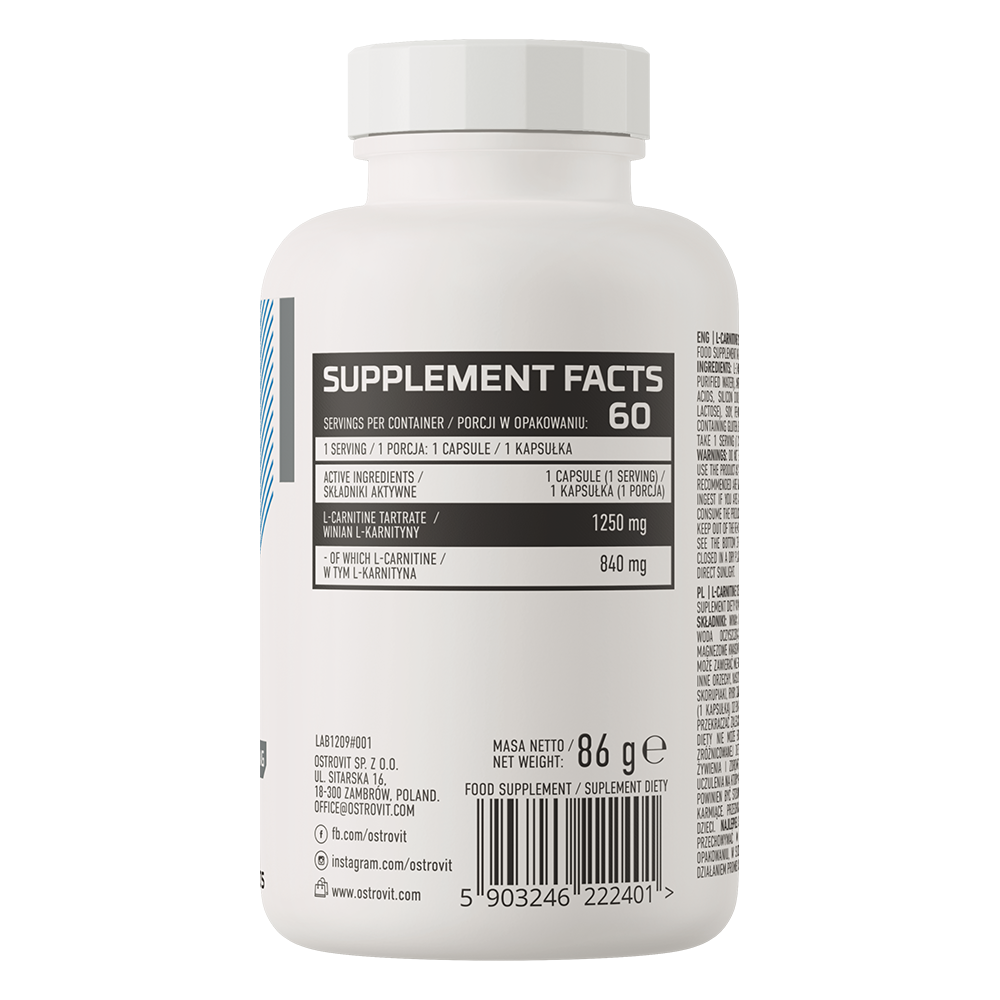 L‑Carnitine 1250 mg – 60 capsules, L‑carnitine‑tartraat | OstroVit