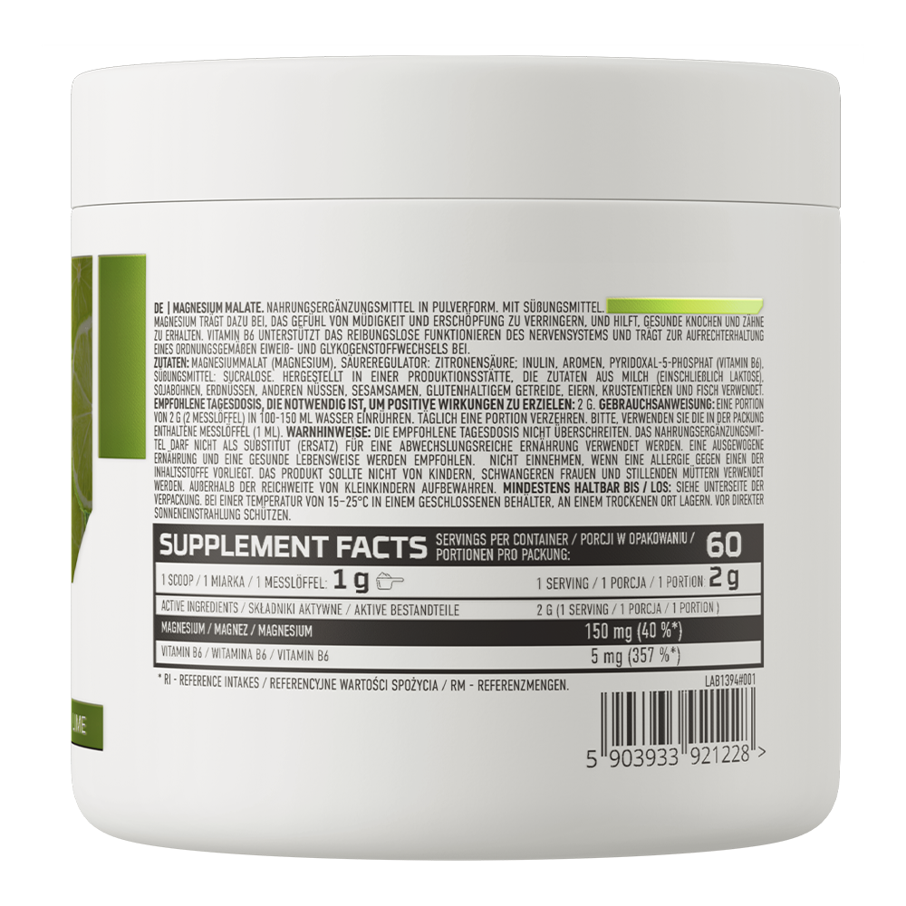 Magnesium Malate 120 g Limoen – Magnesiummaleaat + B6 P-5-P, 60 Porties | OstroVit