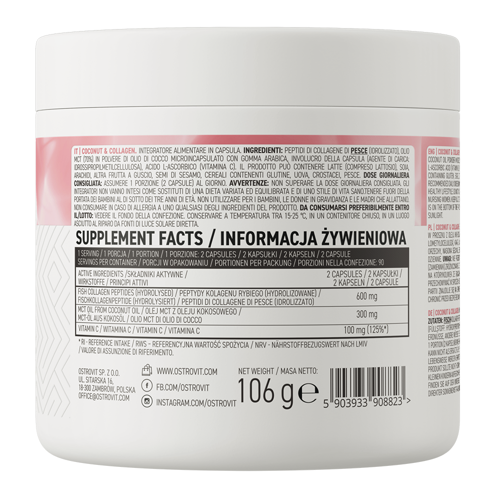 Marint kollagen | Kokos MCT-olie | C-vitamin | 180 kapsler | OstroVit