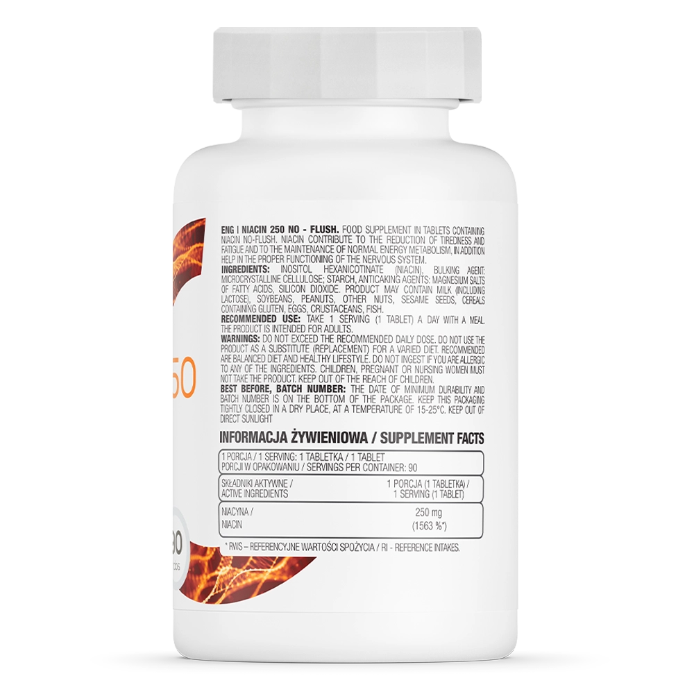 Niacin 250 NO‑FLUSH – 90 tabletten, Vitamine B3 (inositol‑hexanicotinaat) | OstroVit