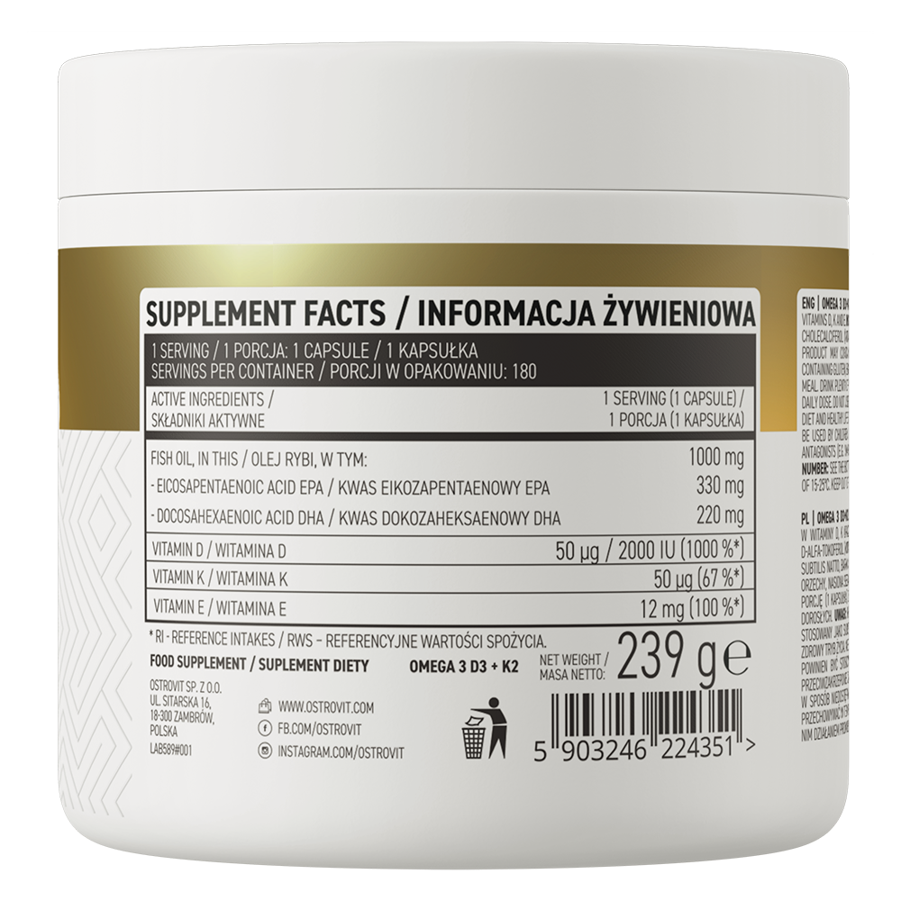 Omega‑3 + D3 (2000 IE) + K2 (MK‑7) + E – 180 softgels | OstroVit