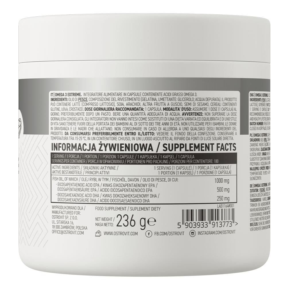 Omega‑3 Extreme – 180 softgels, 1000 mg visolie (EPA 500 mg, DHA 250 mg) | OstroVit