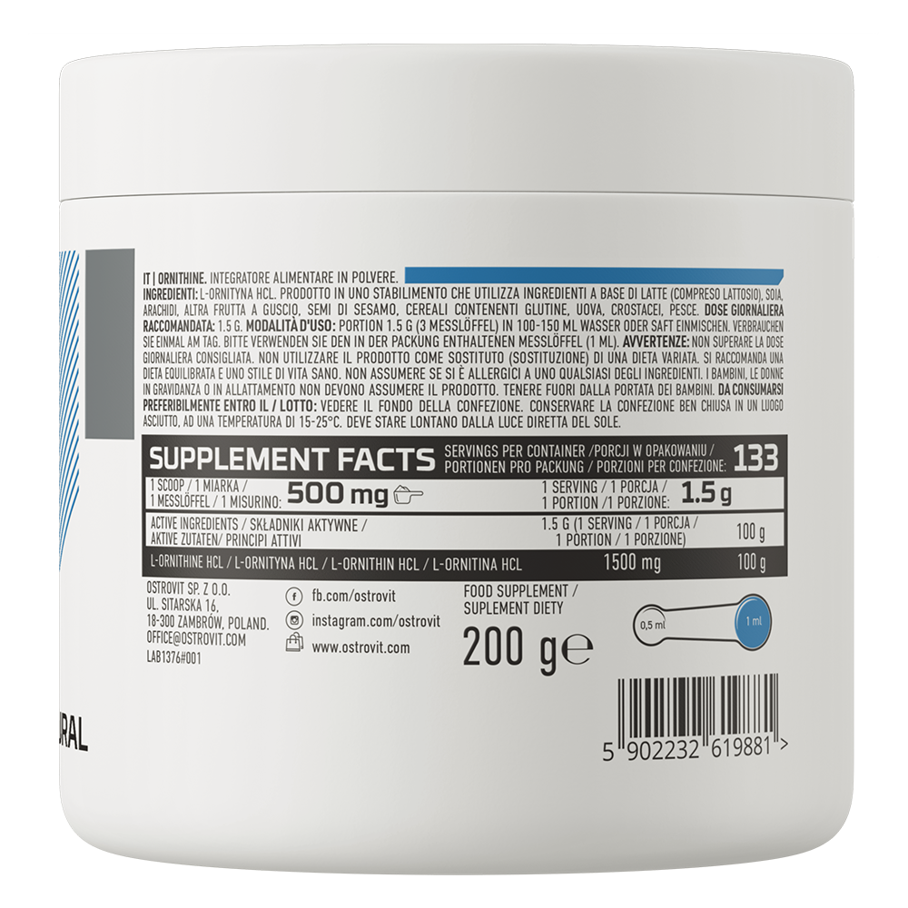 Ornithine | L-Ornithine | Poeder | 200 g | 133 Servings | Supreme Pure Natural | OstroVit