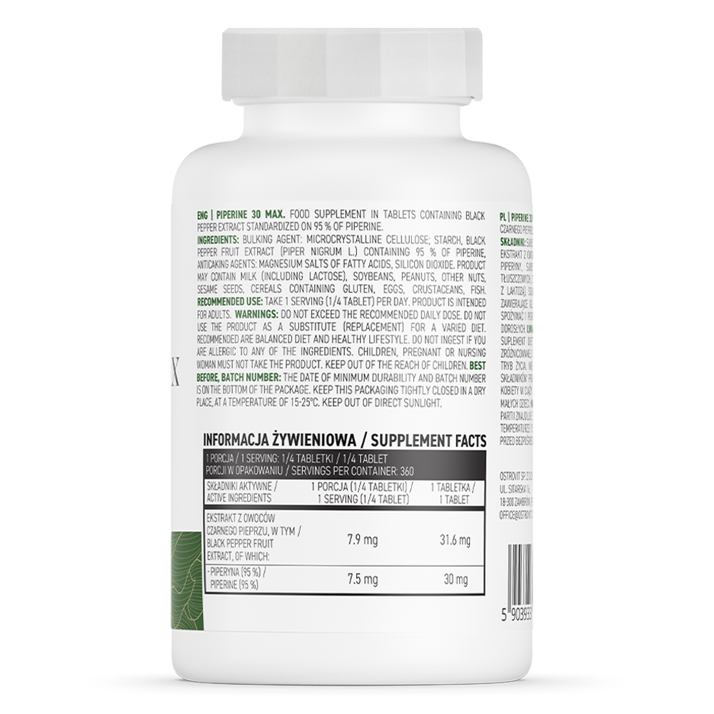 Piperine MAX | 30 mg | 95% piperine | Vegan | 90 Tabletten | OstroVit