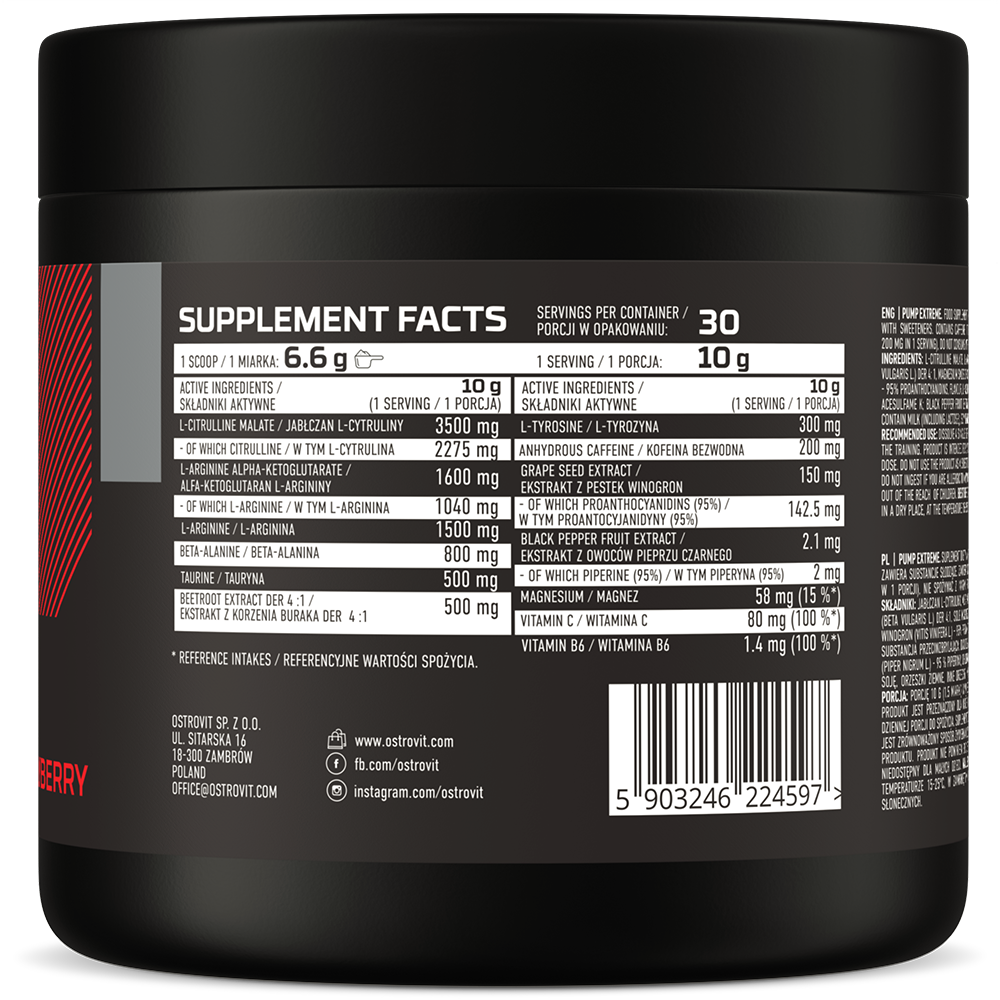 Pump Extreme – 300 g, Aardbei, 30 porties, Pre‑workout | OstroVit