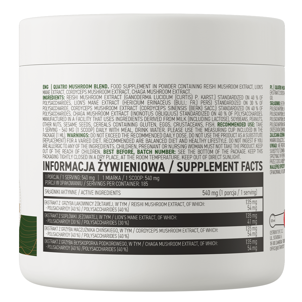 Quatro Mushroom Blend | LION'S MANE, REISHI, CORDYCEPS & CHAGA EXTRACT | 185 SERVINGS | 100 g | Vegan | OstroVit