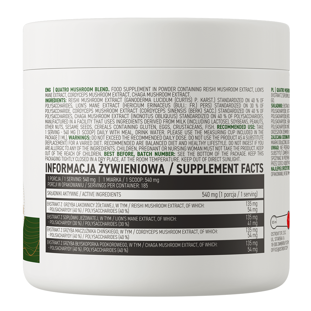 Quatro Mushroom Blend VEGE – 100 g poeder, 4‑in‑1 extracten | OstroVit