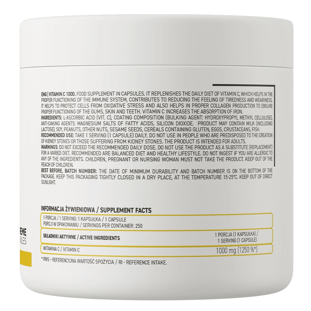Vitamin C 1000 mg – 250 vegan capsules, 1 per dag | OstroVit