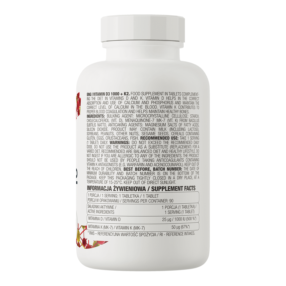 Vitamin D3 1000 IU + K2 (MK‑7) – 90 tabletten | OstroVit
