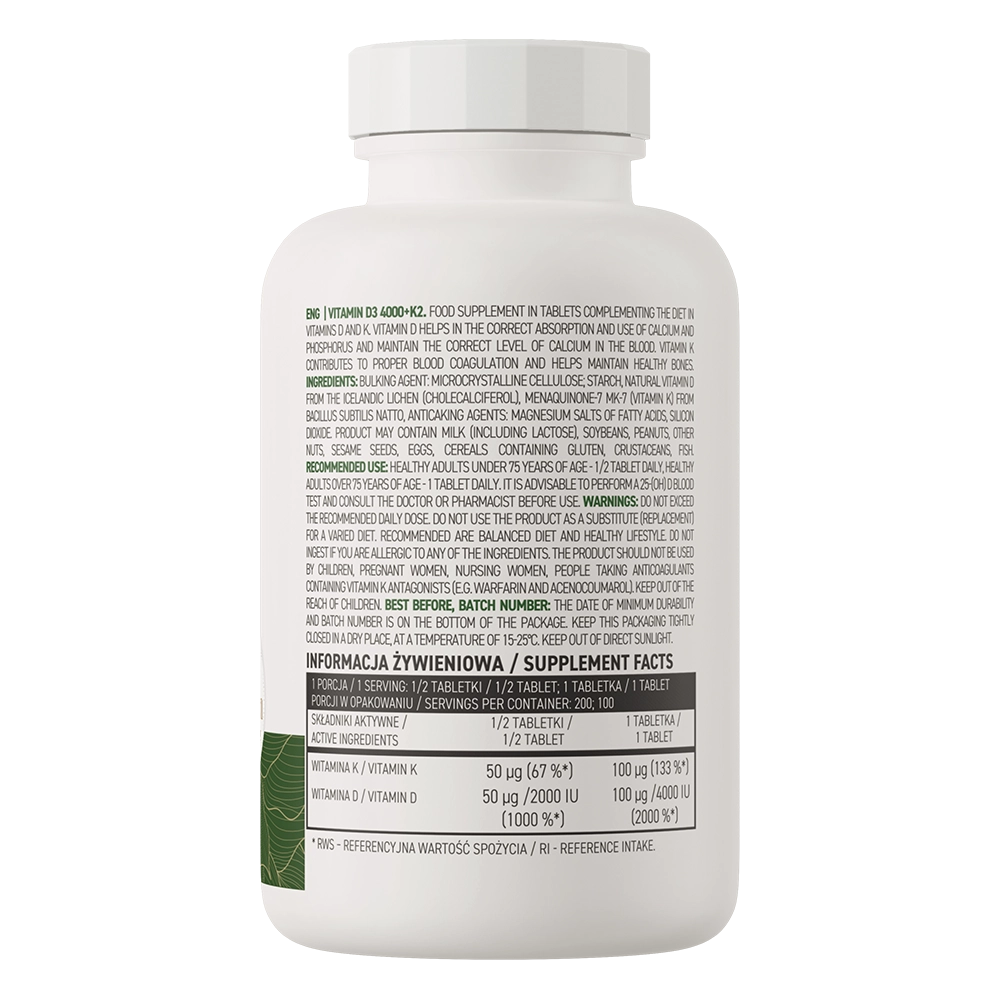 Vitamine D3 4000 IE + K2 MK‑7 VEGE – 100 tabletten | OstroVit