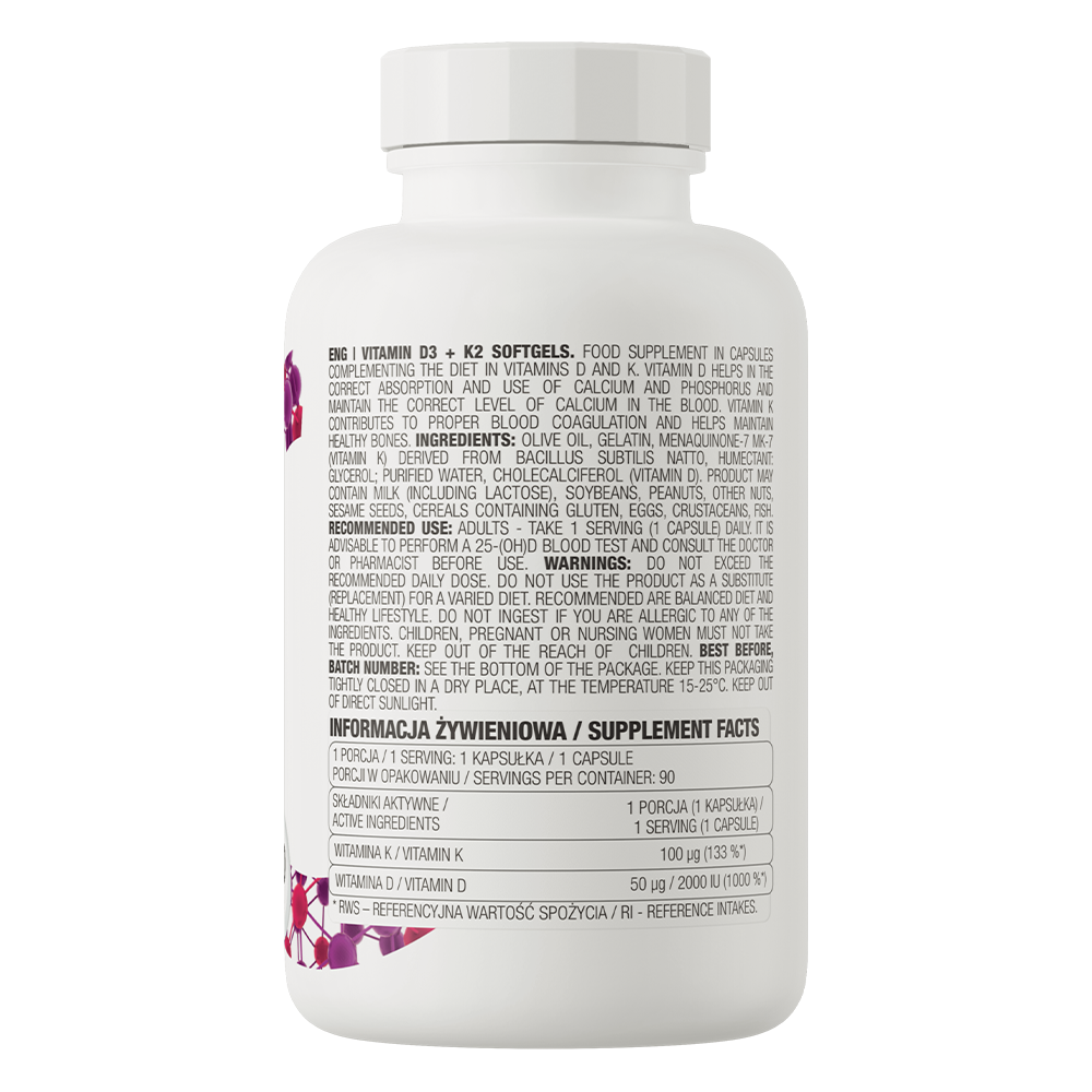 Vitamin D3 + K2 (MK‑7) – 90 softgels, 2000 IE D3 + 100 µg K2 | OstroVit