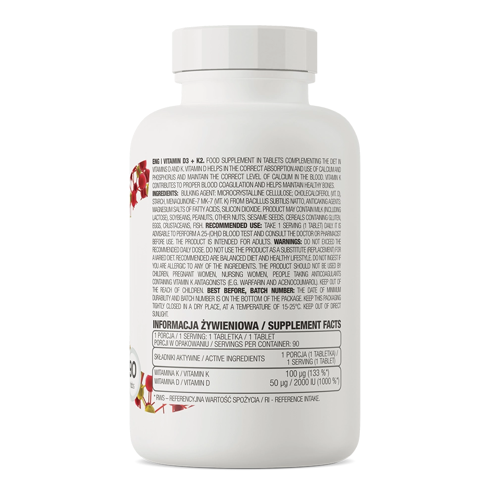 Vitamin D3 + K2 – 90 tabletten, 2000 IE D3 & 100 µg K2 (MK‑7) | OstroVit