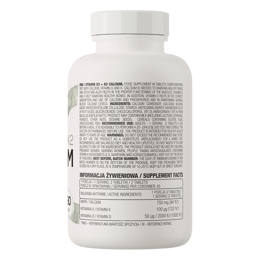 D3 + K2 + Calcium – 90 tabletten, 2000 IE D3, 100 µg K2, 750 mg Ca | OstroVit