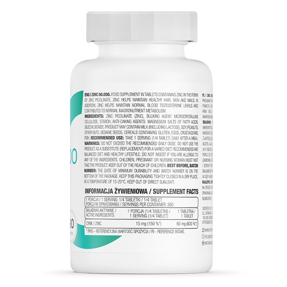 Zinc 60.000 – 90 tabletten, Zinkpicolinaat 60 mg (¼ tab = 15 mg) | OstroVit