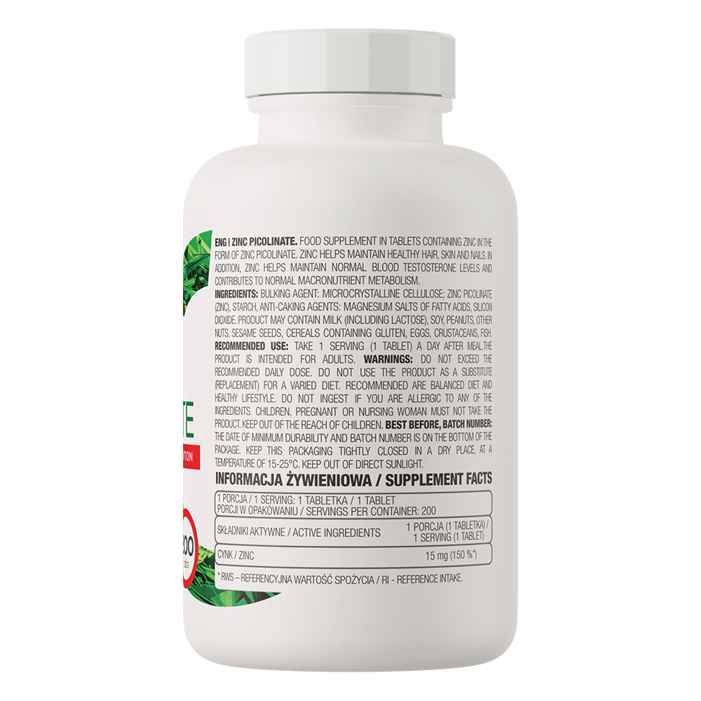 Zinc Picolinate – 200 tabletten, 15 mg zink per tablet | OstroVit