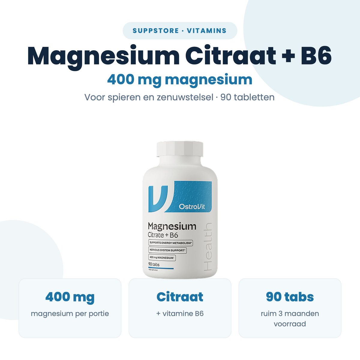 Magnesiumcitrat 400 mg + B6 – 90 tabletter (vegansk) | OstroVit