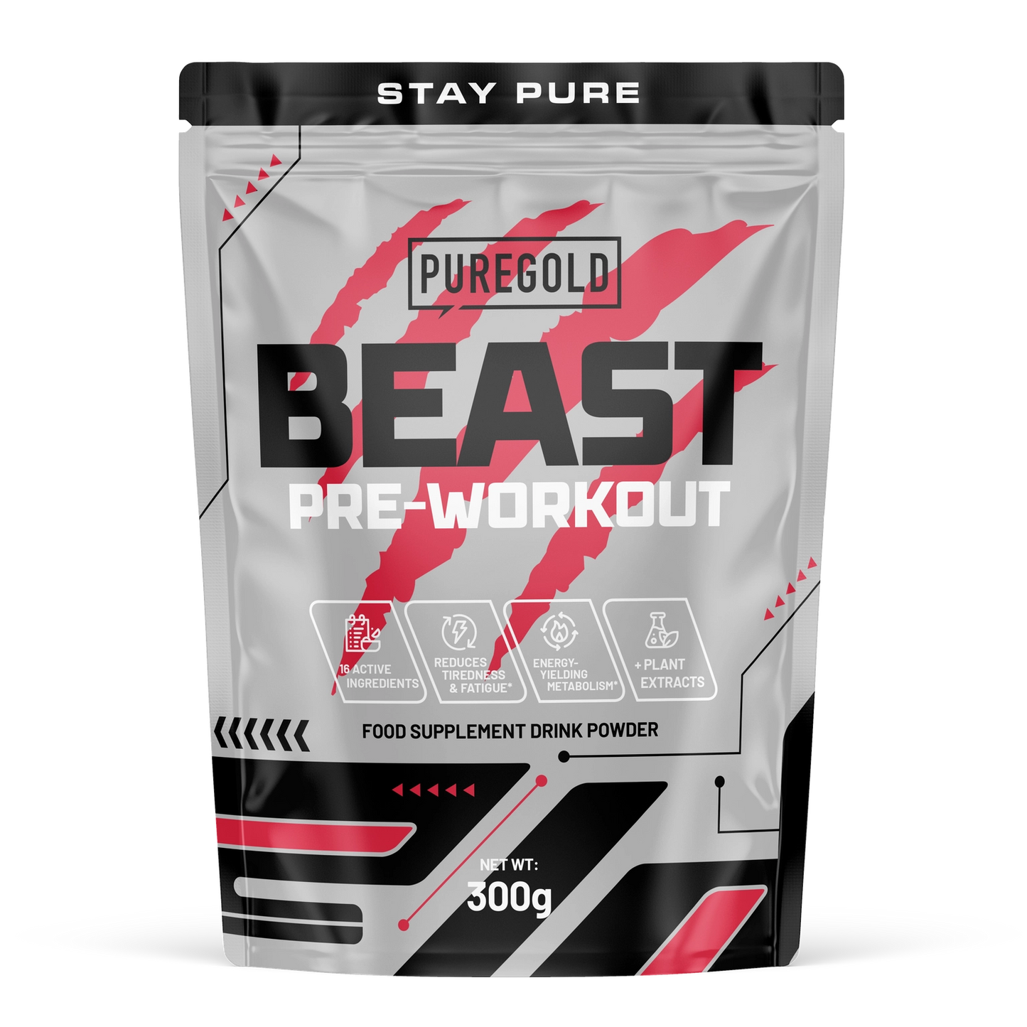 PureGold Beast Pre-Workout Cherry 300 g - 200 mg Cafeïne, Zink + Vitamine B6
