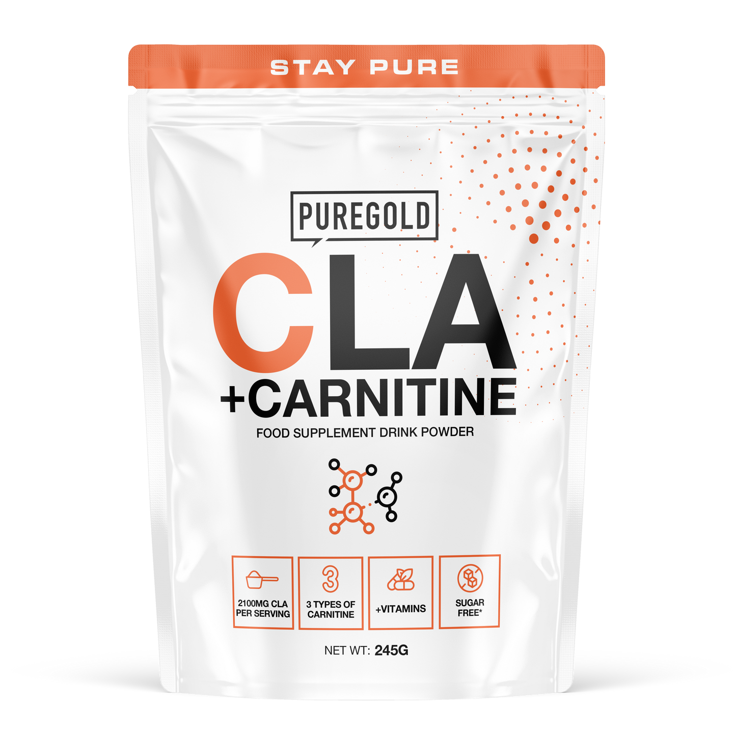 PureGold CLA + Carnitine Mango – 245 g, 3 carnitinevormen + zink, chroom, B6 & niacine