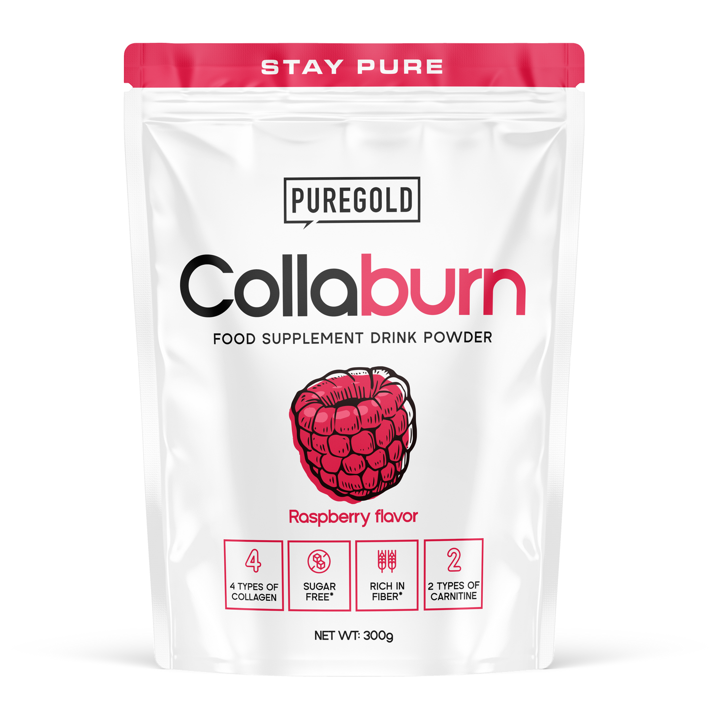 Pure Gold CollaBurn Raspberry 300 g – collageen + glucomannan + vit. C, zink & chroom, suikervrij, vezelrijk