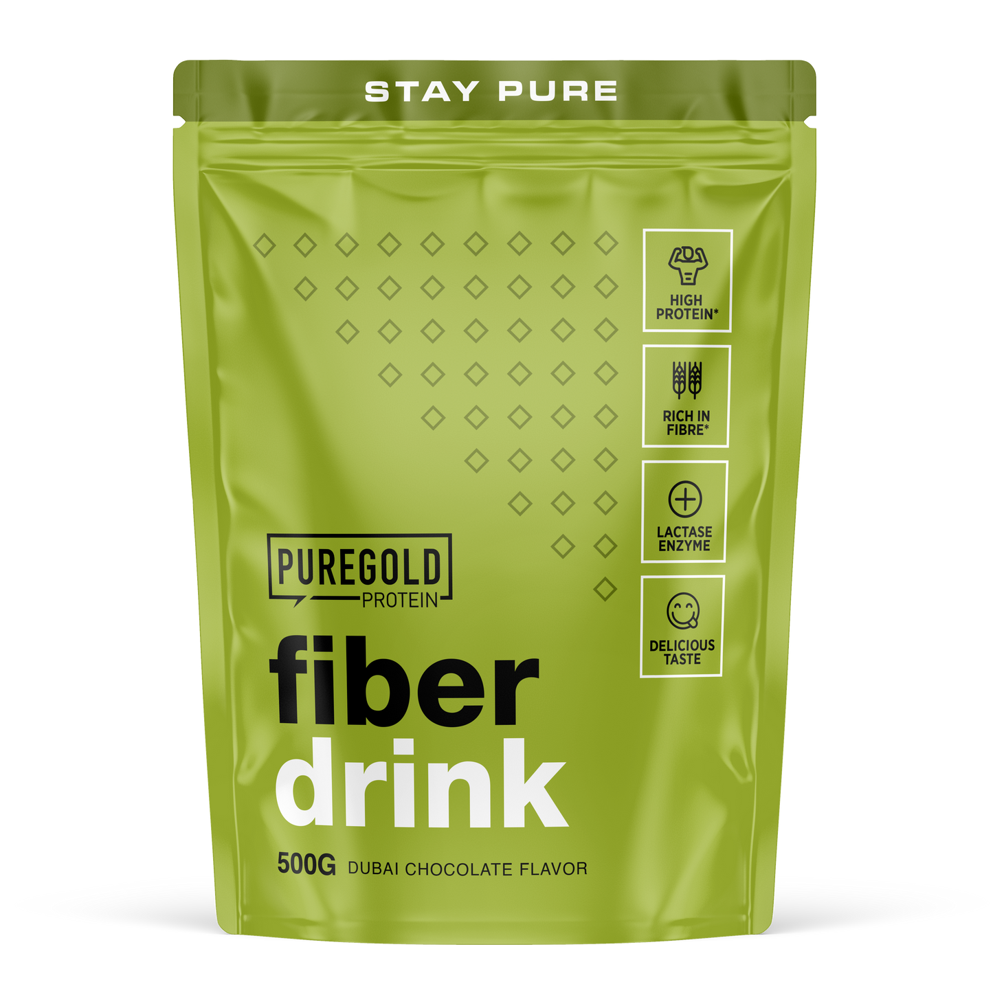 PureGold Fiber Drink Dubai Chocolate – 500 g, 24 g eiwit + 13 g vezels per portie