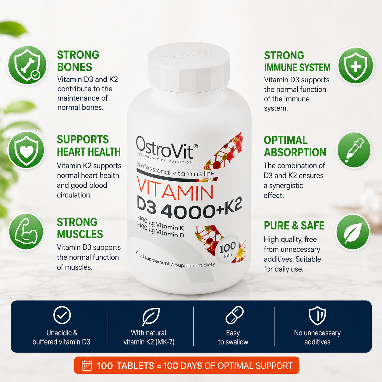 Vitamin D3 4000 IE + K2 (MK-7) – 100 Tabletten, vegetarisch | OstroVit 
