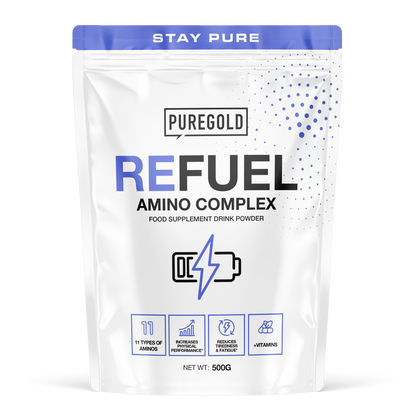 Pure Gold Refuel Strawberry 500 g – creatine (3 g) + aminozuren + carb‑mix, aspartaamvrij