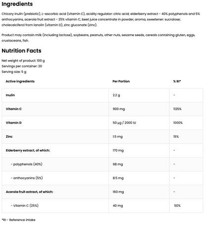 Immunstärkung – Himbeere, Inulin + Vitamin C (900 mg), D &amp; Zink – 100 g | OstroVit Pharma