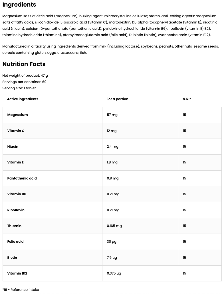 Magnesium MAX + Vitamins – 60 vegan tablets, Magnesiumcitraat + B‑complex, C & E | OstroVit