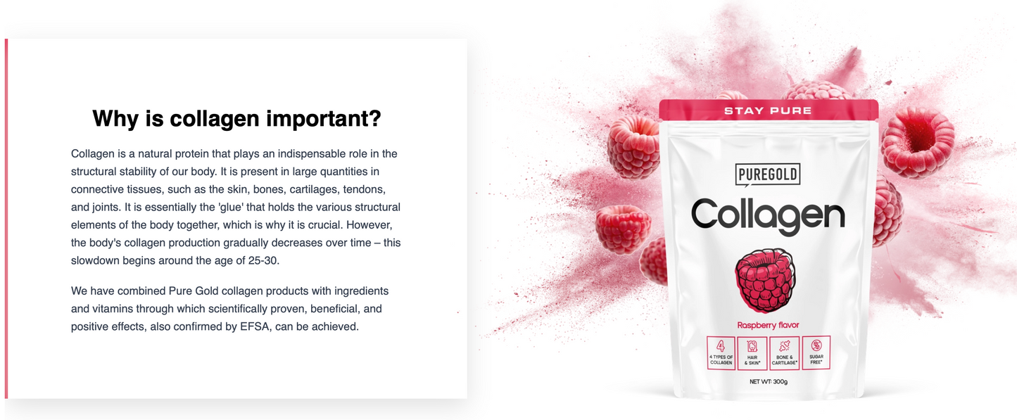 Pure Gold Collagen Raspberry – 300 g, 10 000 mg collageen + vit. C, zink & selenium