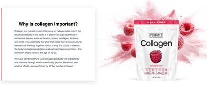 Pure Gold Collagen Raspberry – 300 g, 10 000 mg collageen + vit. C, zink & selenium