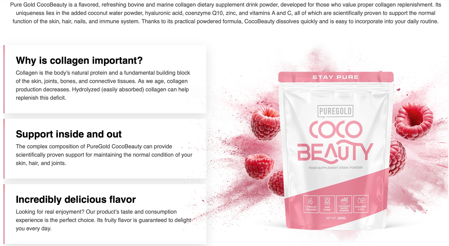 Pure Gold CocoBeauty Raspberry 300 g – 6000 mg collageen + hyaluron & Q10, vit. C, zink, A & D, suikervrij