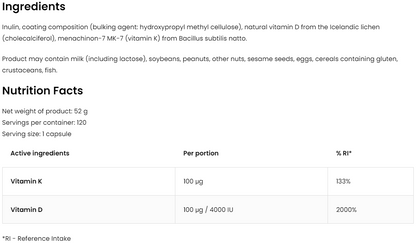 Vitamin D3 4000 IU + K2 VEGE – 120 vegan capsules | OstroVit