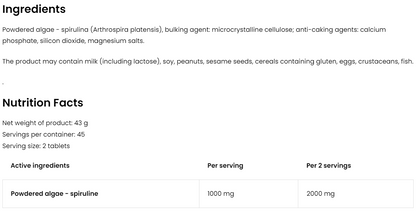 Spirulina – 90 vegan tabletten, 1000 mg per portie | OstroVit