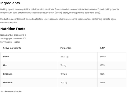 Biotin Plus – 100 tabletter, Biotin 2500 µg + Zink + Selen + Folsyre | OstroVit