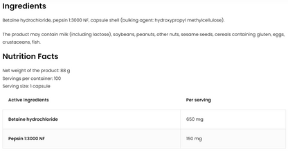 Betaine HCl + Pepsin 100 capsules