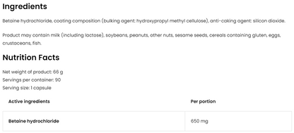 Betain HCl VEGE – 90 veganske kapsler, 650 mg pr. kapsel | OstroVit