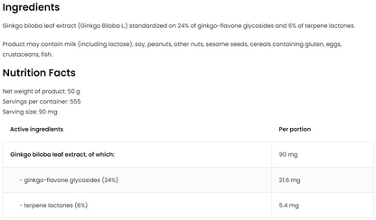 OstroVit Ginkgo Biloba Extract 50 g – 90 mg per Portie, 24% Ginkoflavonoglycosiden | 555 Porties