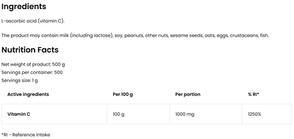 Vitamin C – 500 g poeder, 1000 mg per portie | OstroVit