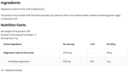 Magnesium Citrate – 200 g poeder, 378 mg Mg per portie | OstroVit