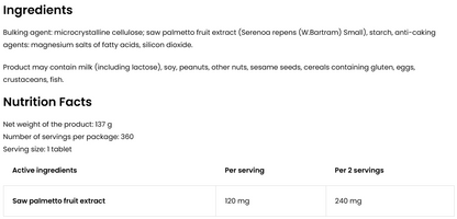 Saw Palmetto VEGE – 360 vegan tabletten, 120 mg per tablet | OstroVit